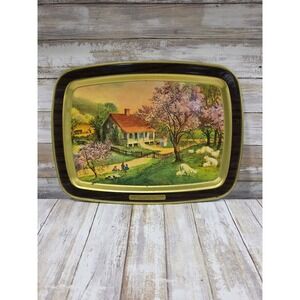Vintage Currier & Ives American Homestead Spring Metal Serving Tray‎ Faux Wood